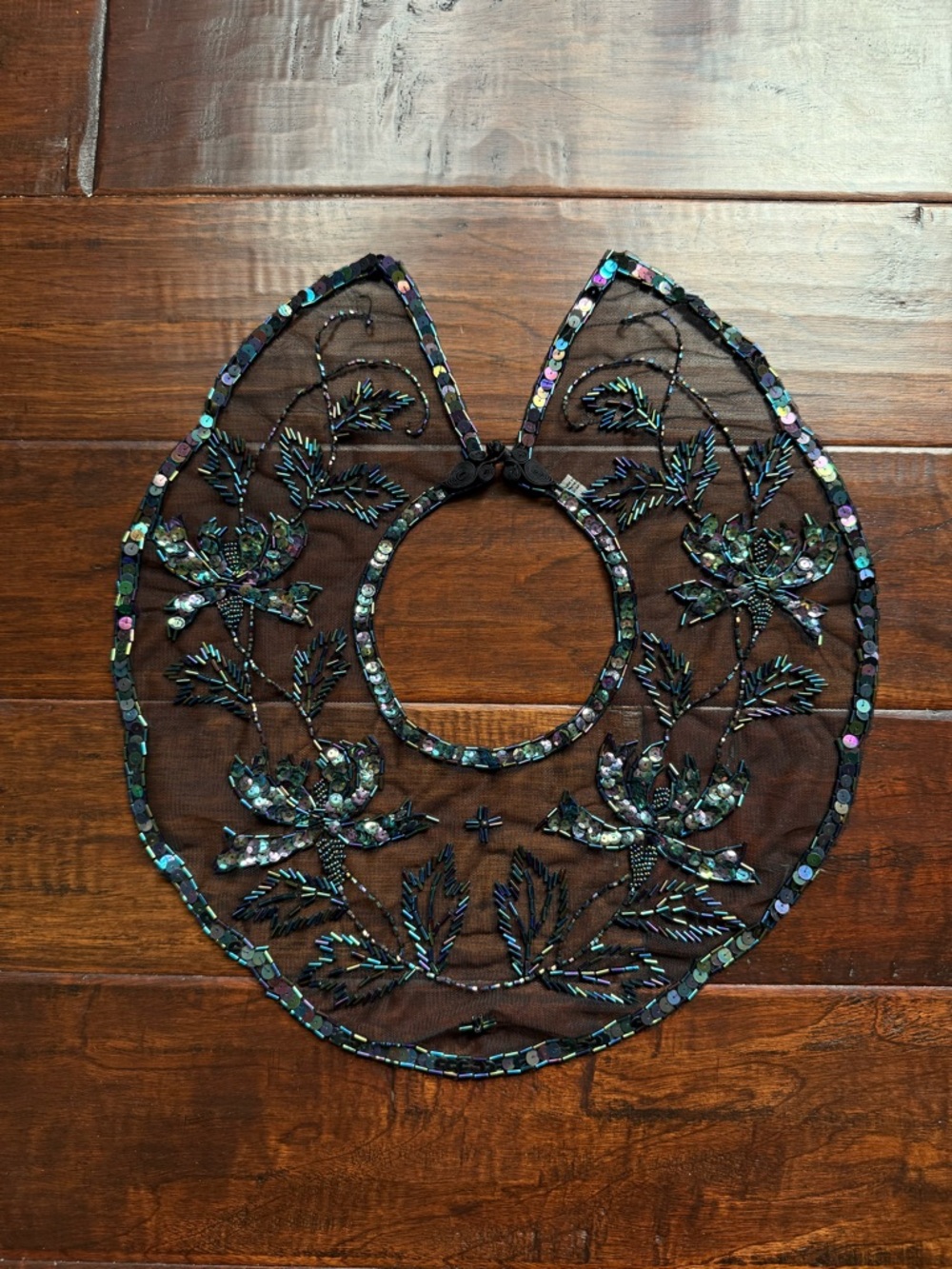 Vintage Black Beaded Mesh Collar Sheer Floral Sequin Appliqué Statement Piece